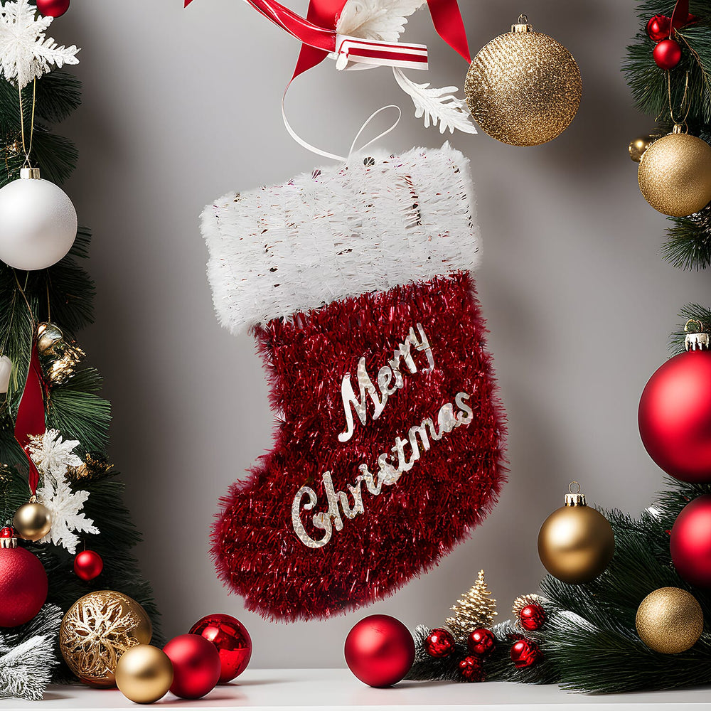 Light Up Tinsel Christmas Stocking (Battery Operated) - Red - White