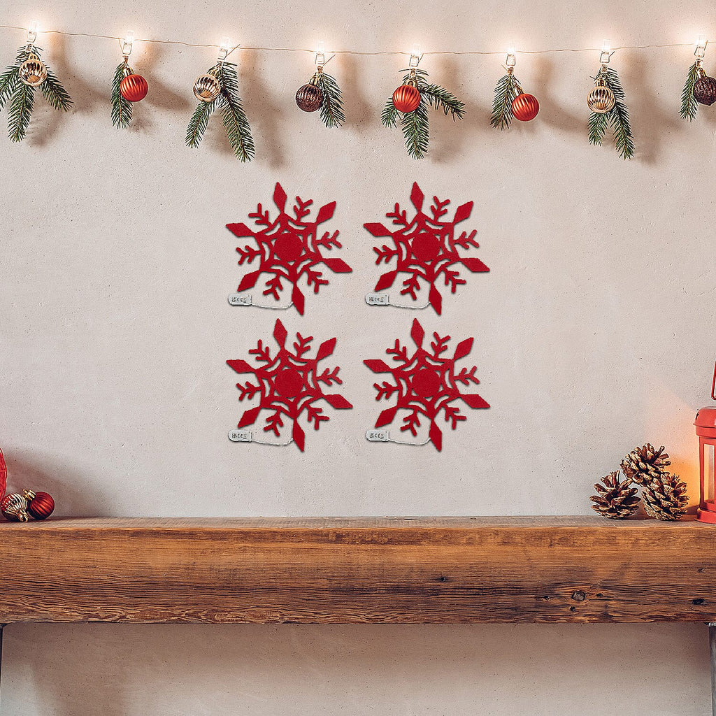 Set of 4 Christmas Felt Snowflake Table Decoration (Battery Operated) - Red