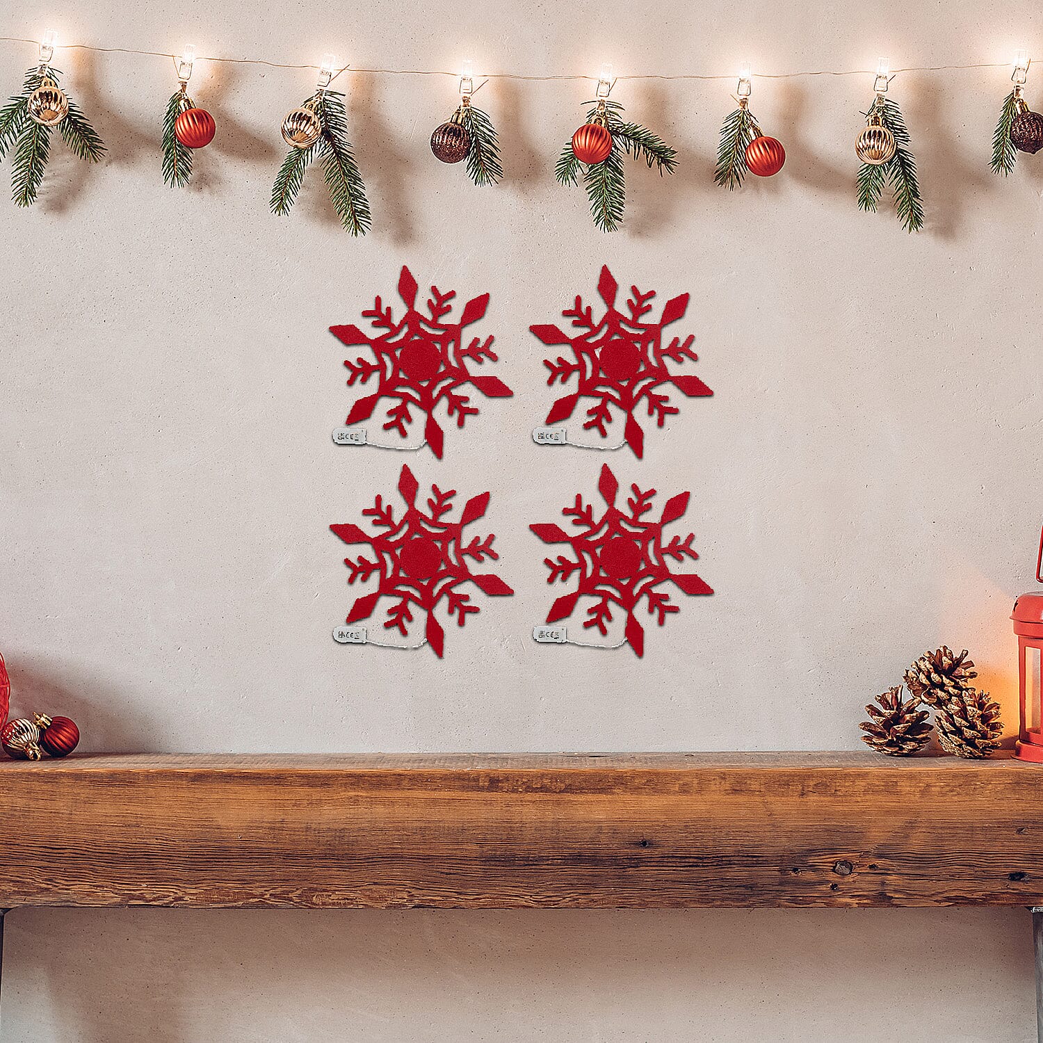 Set of 4 Christmas Felt Snowflake Table Decoration (Battery Operated) - Red