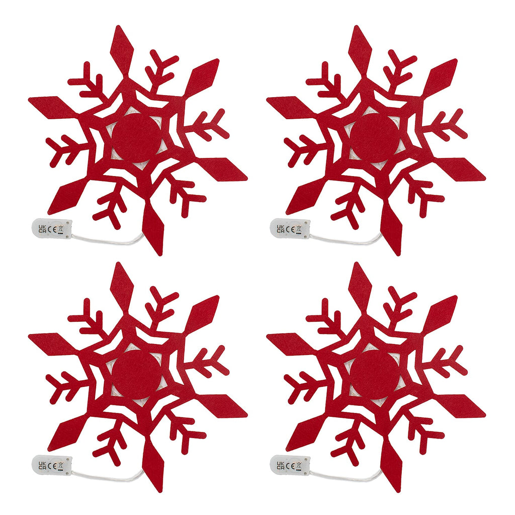 Set of 4 Christmas Felt Snowflake Table Decoration (Battery Operated) - Red
