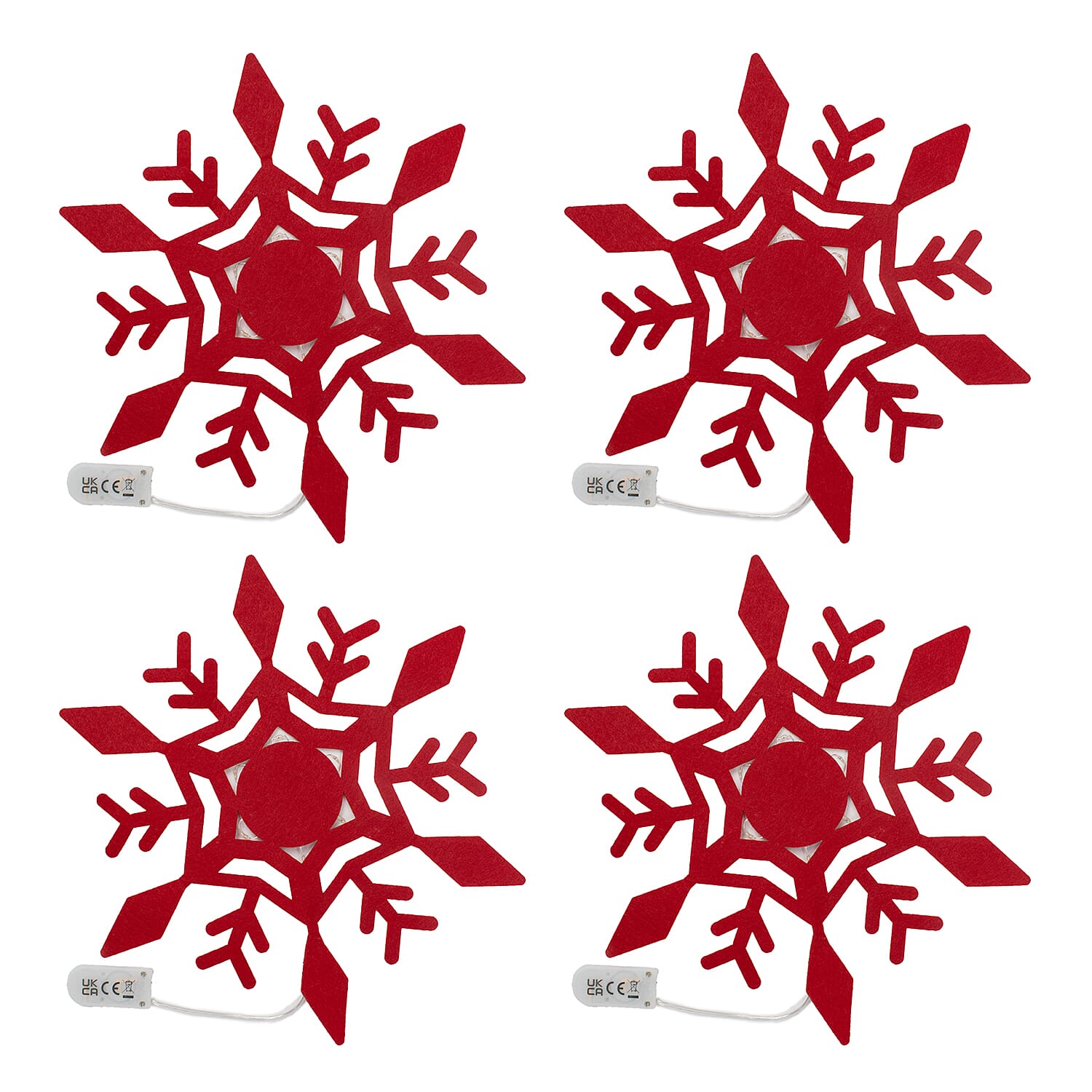 Set of 4 Christmas Felt Snowflake Table Decoration (Battery Operated) - Red