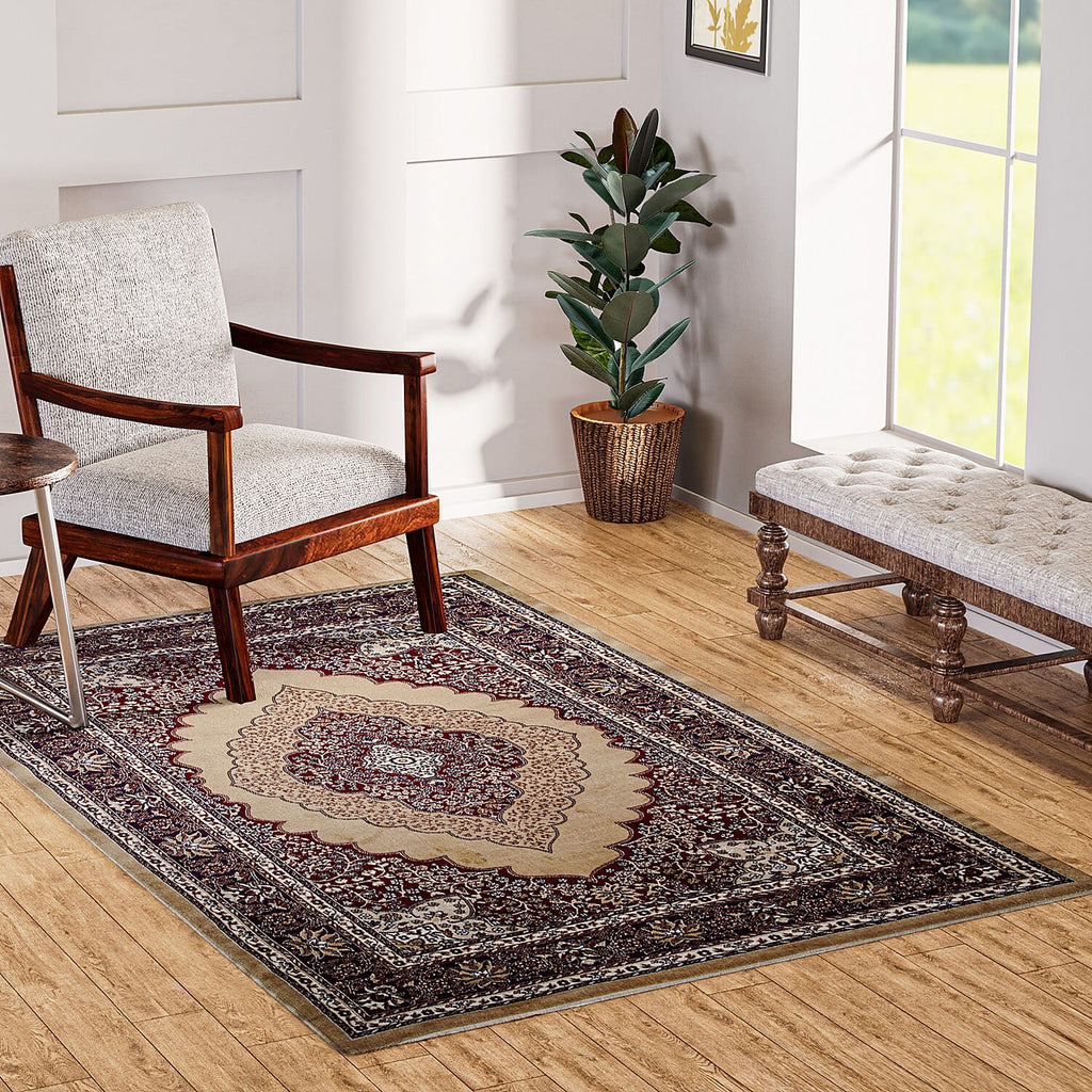 Luxurious Pile Carpet with Kashmiri Artistry (Size 180x120cm) - Beige & Multi
