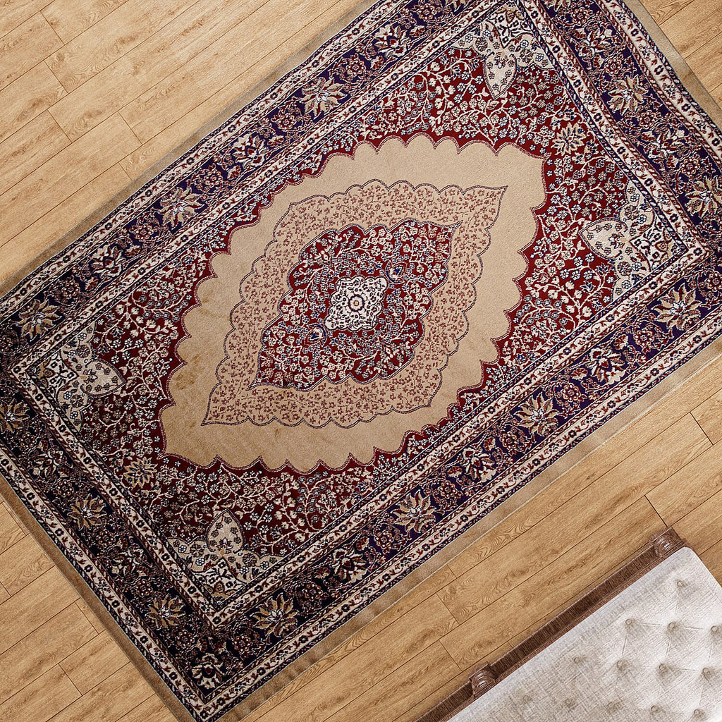 Luxurious Pile Carpet with Kashmiri Artistry (Size 180x120cm) - Beige & Multi