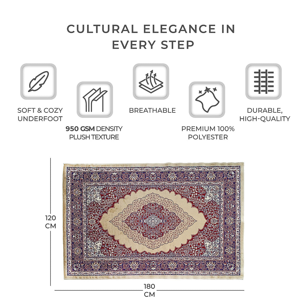 Luxurious Pile Carpet with Kashmiri Artistry (Size 180x120cm) - Beige & Multi