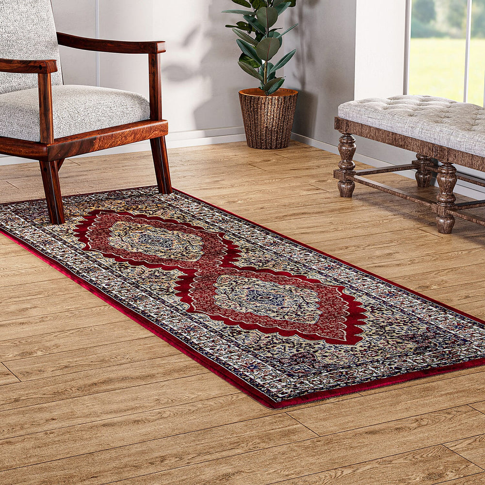 Luxurious Pile Runner with Kashmiri Print (180x66 cm) - Red - Multi