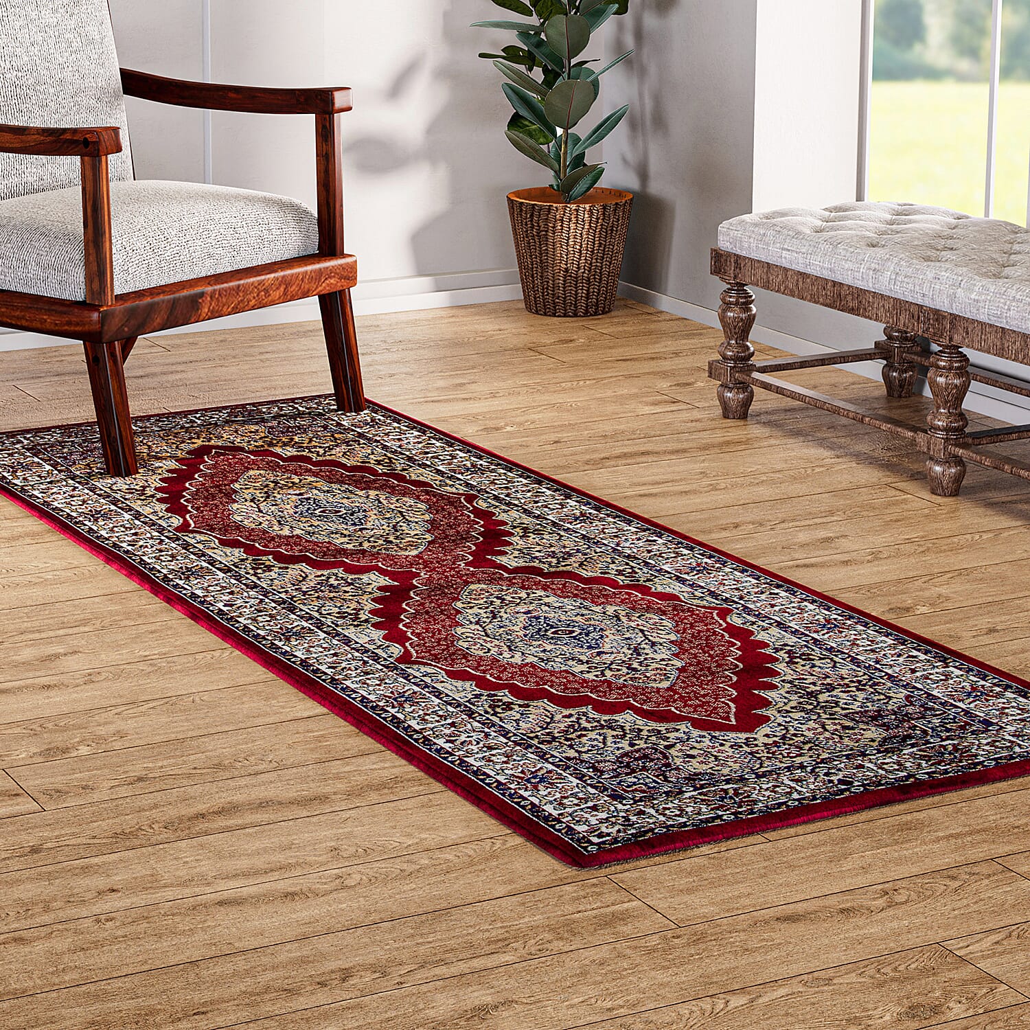 Luxurious Pile Runner with Kashmiri Print (180x66 cm) - Red - Multi