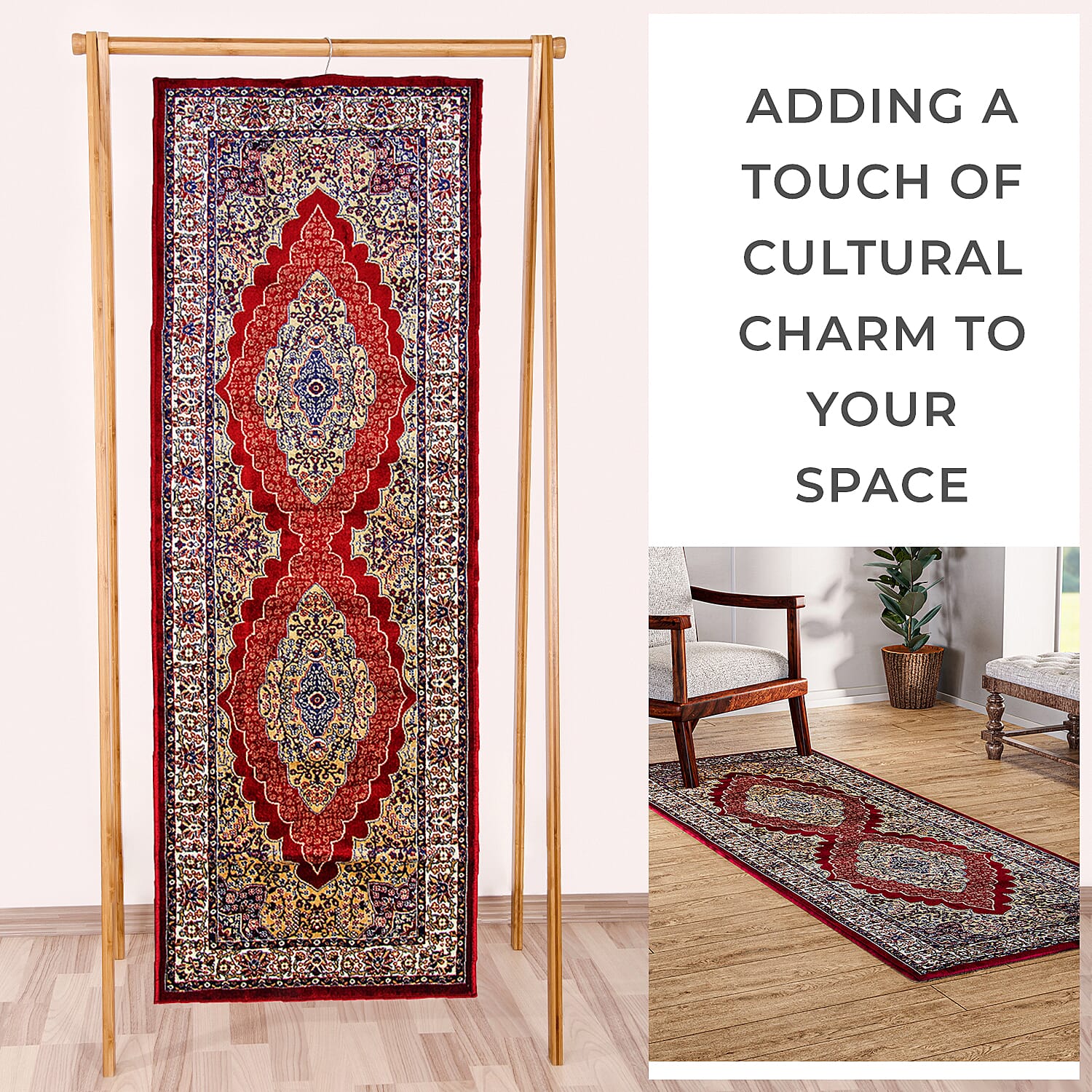 Luxurious Pile Runner with Kashmiri Print (180x66 cm) - Red - Multi