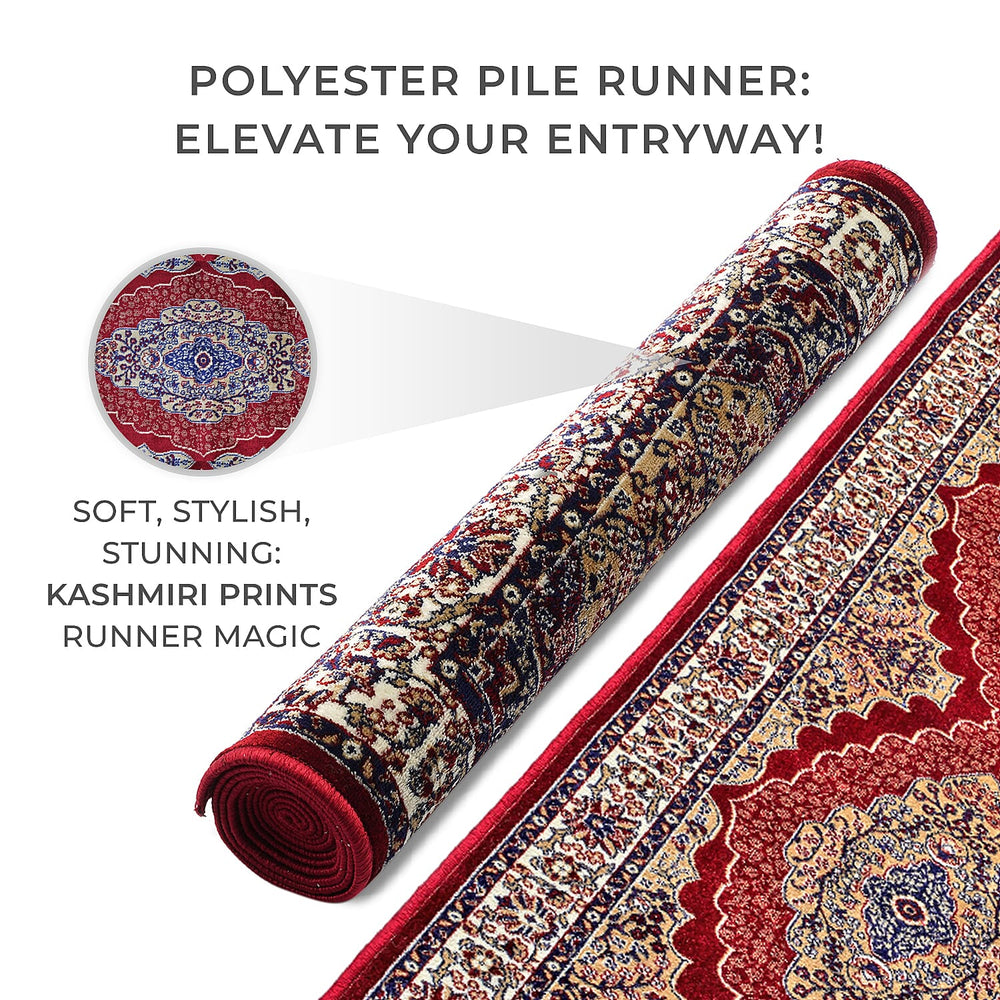 Luxurious Pile Runner with Kashmiri Print (180x66 cm) - Red - Multi