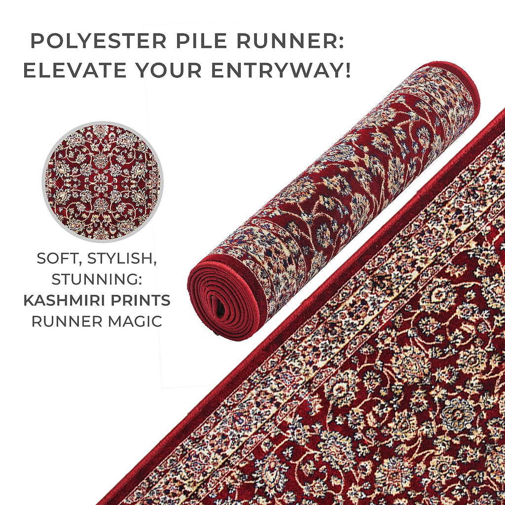 Luxurious Pile Runner with Kashmiri Print (180x66 cm) - Burgundy - Multi