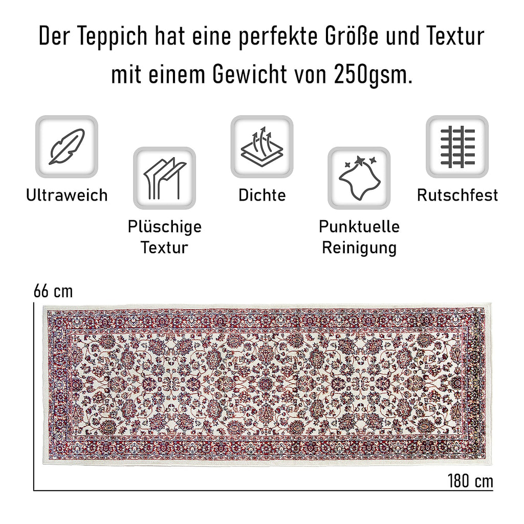 Luxurious Pile Runner with Kashmiri Print (180x66 cm) - Cream - Multi
