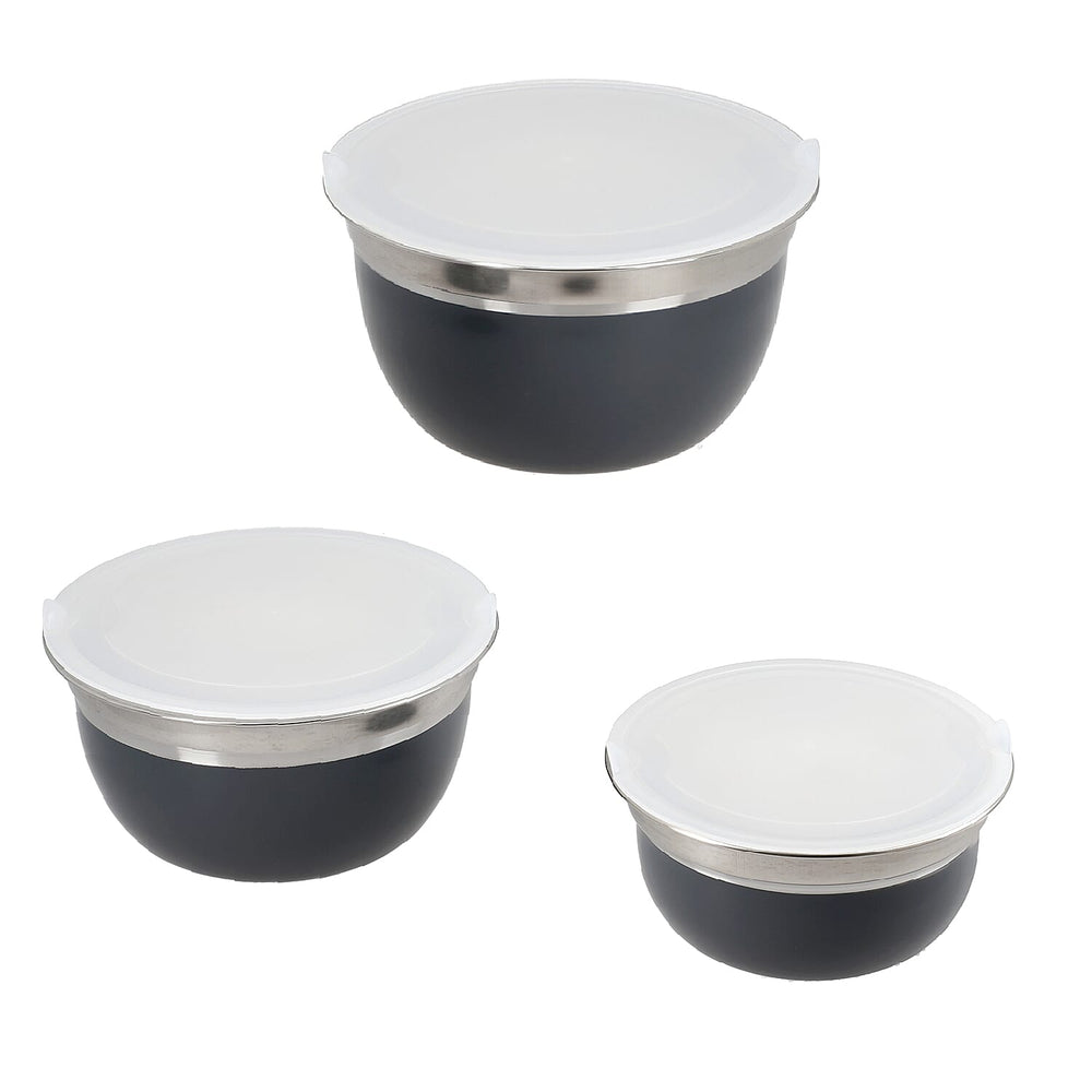 Set of 3 Stainless Steel Bowl with Plastic Lid - Grey