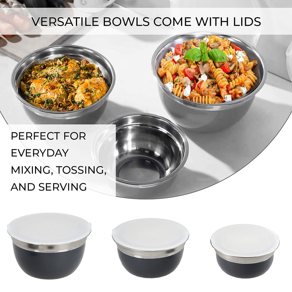 Set of 3 Stainless Steel Bowl with Plastic Lid - Grey