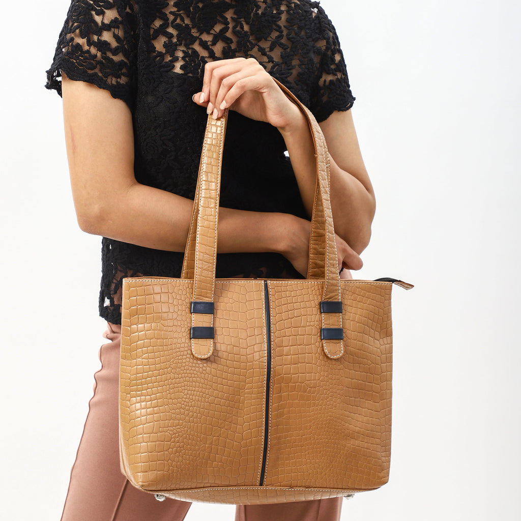 100% Genuine Leather Crocodile Embossed Tote Bag - Tan