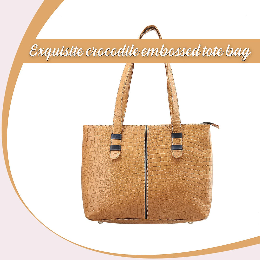 100% Genuine Leather Crocodile Embossed Tote Bag - Tan
