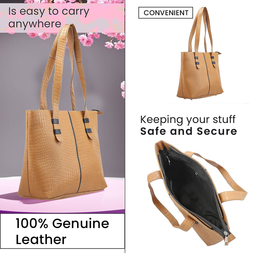 100% Genuine Leather Crocodile Embossed Tote Bag - Tan