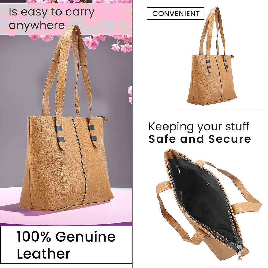 100% Genuine Leather Crocodile Embossed Tote Bag - Tan
