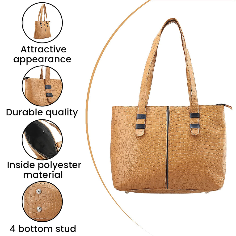 100% Genuine Leather Crocodile Embossed Tote Bag - Tan