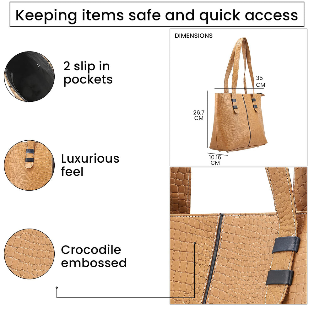 100% Genuine Leather Crocodile Embossed Tote Bag - Tan