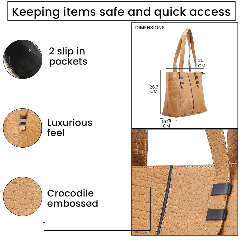 100% Genuine Leather Crocodile Embossed Tote Bag - Tan