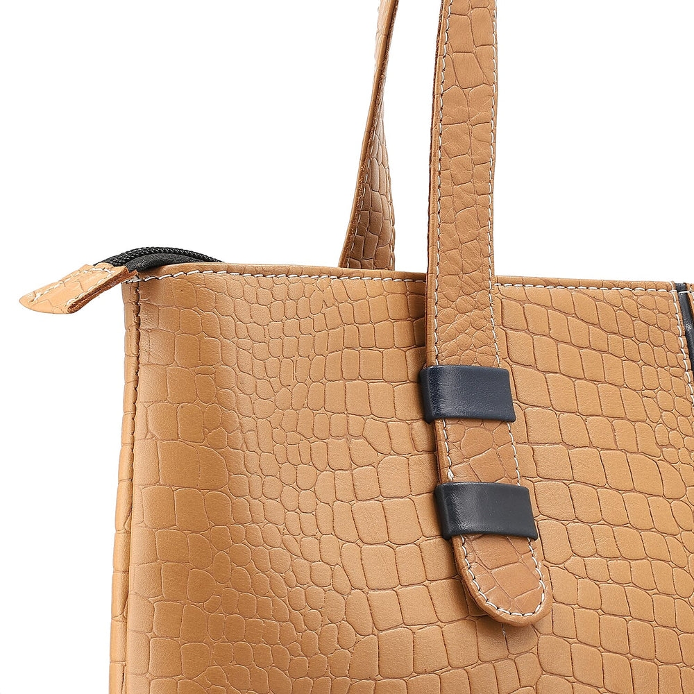 100% Genuine Leather Crocodile Embossed Tote Bag - Tan
