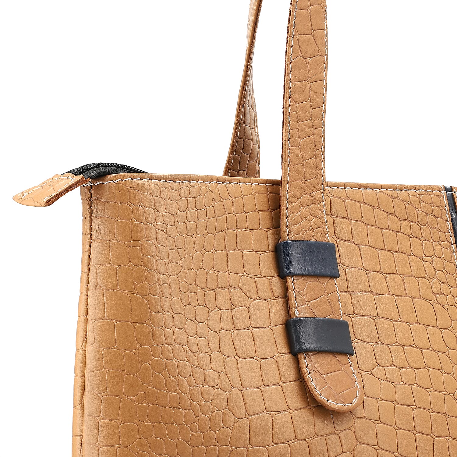 100% Genuine Leather Crocodile Embossed Tote Bag - Tan