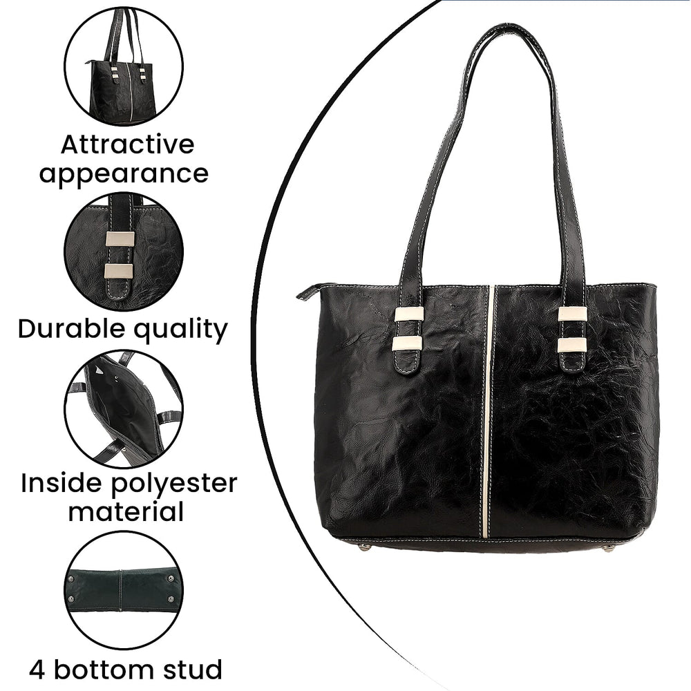 100% Genuine Leather Crocodile Embossed Tote Bag - Black
