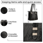 100% Genuine Leather Crocodile Embossed Tote Bag - Black