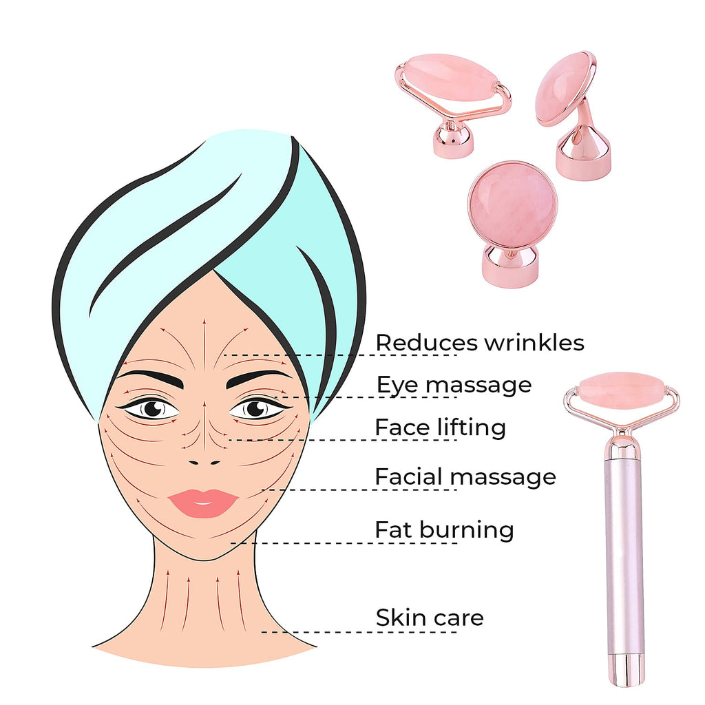 Beautech - 3-in-1 Electric Vibrating Rose Quartz Massage Roller Includes 3D face roller massager, facial roller massager and under eye press massager