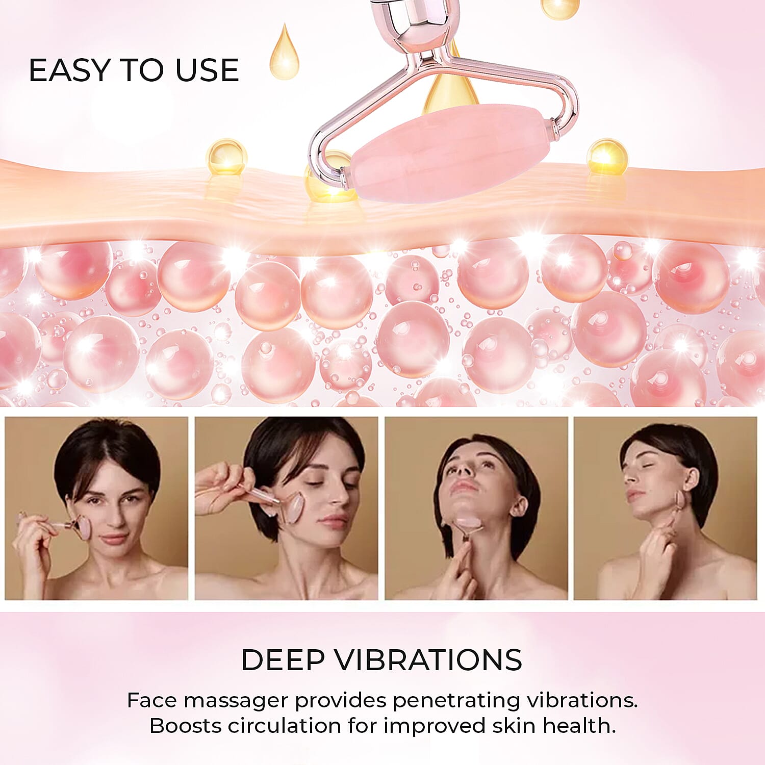Beautech - 3-in-1 Electric Vibrating Rose Quartz Massage Roller Includes 3D face roller massager, facial roller massager and under eye press massager