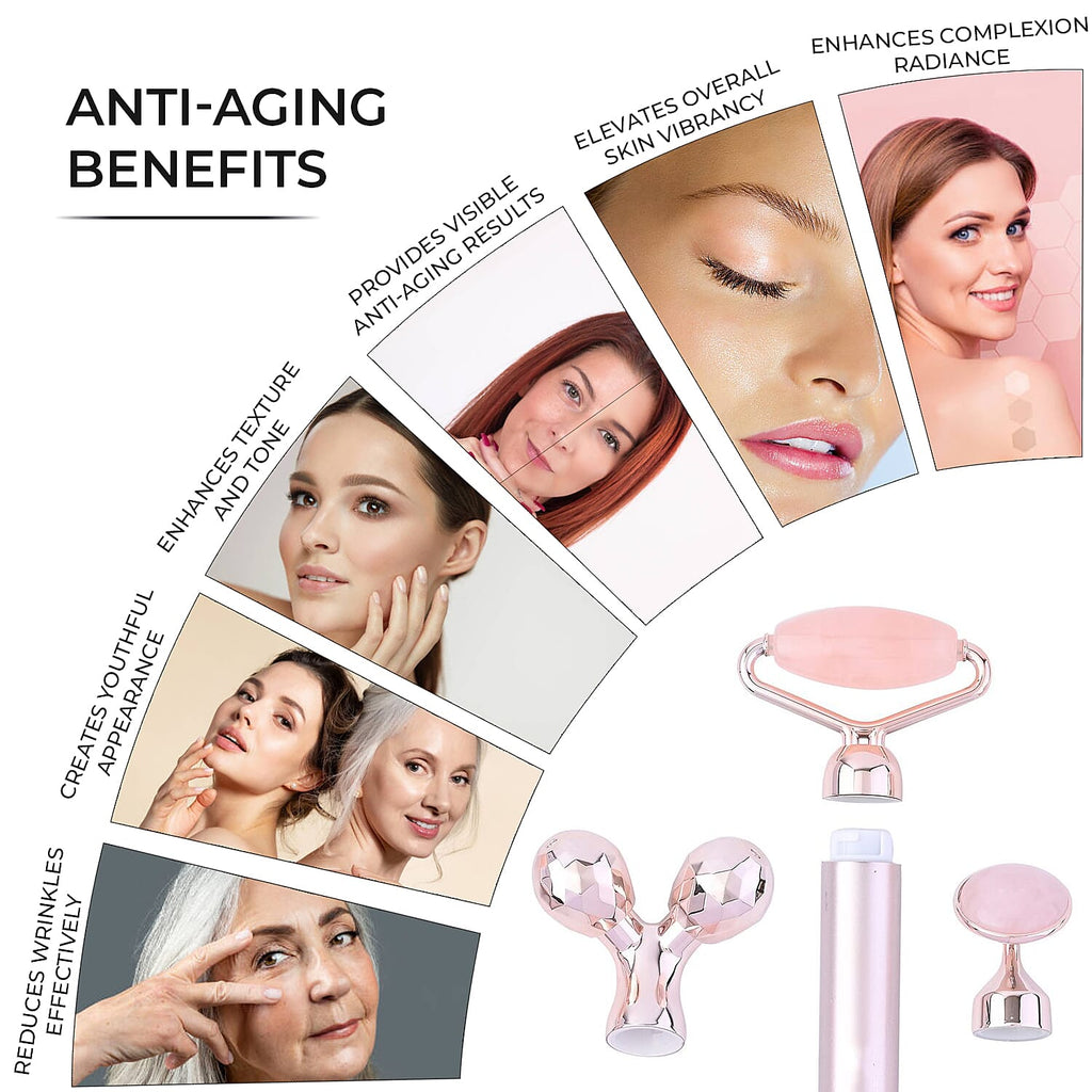 Beautech - 3-in-1 Electric Vibrating Rose Quartz Massage Roller Includes 3D face roller massager, facial roller massager and under eye press massager