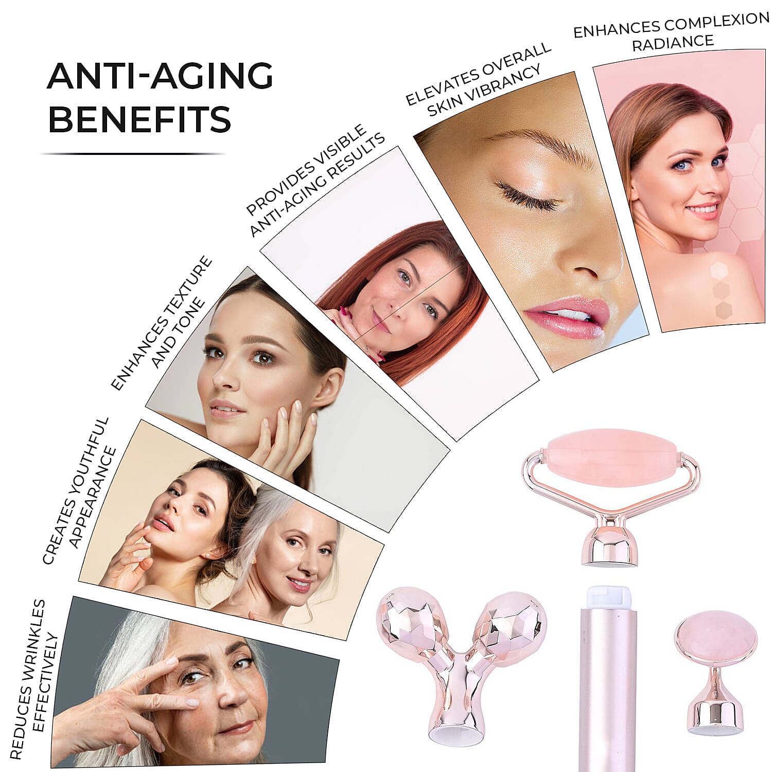 Beautech - 3-in-1 Electric Vibrating Rose Quartz Massage Roller Includes 3D face roller massager, facial roller massager and under eye press massager