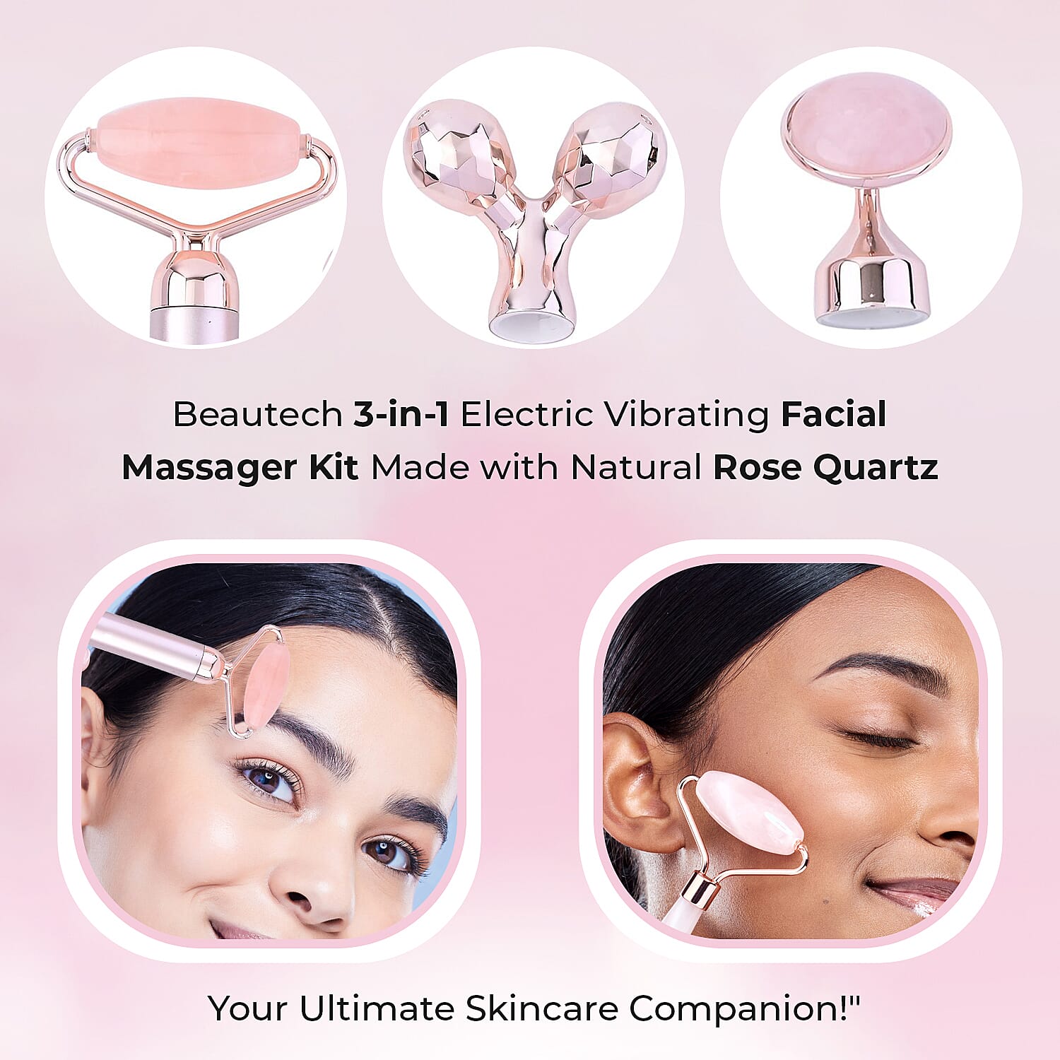Beautech - 3-in-1 Electric Vibrating Rose Quartz Massage Roller Includes 3D face roller massager, facial roller massager and under eye press massager