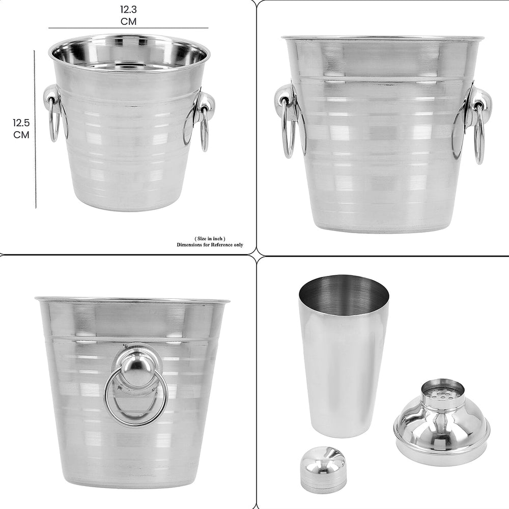 5-Piece Stainless Steel Cocktail Set (Shaker, Ice Tong, Ice Bucket, Peg Maker and Bar Strainer) - Silver