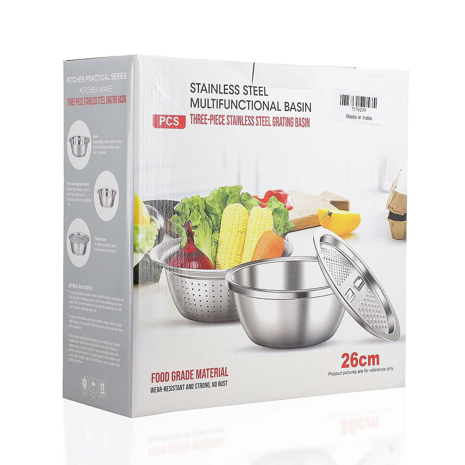 Set of 3 Stainless Steel Multifunctional Grating Basin (26 cm) - Silver