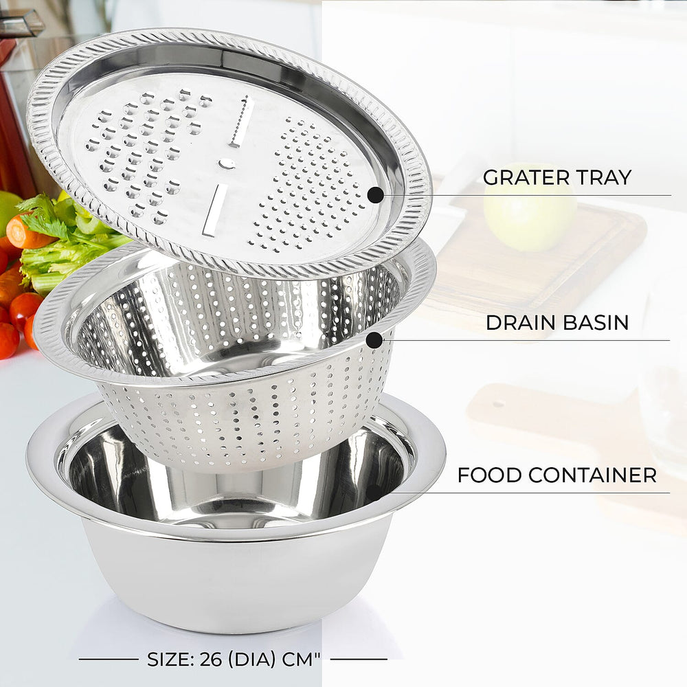 Set of 3 Stainless Steel Multifunctional Grating Basin (26 cm) - Silver