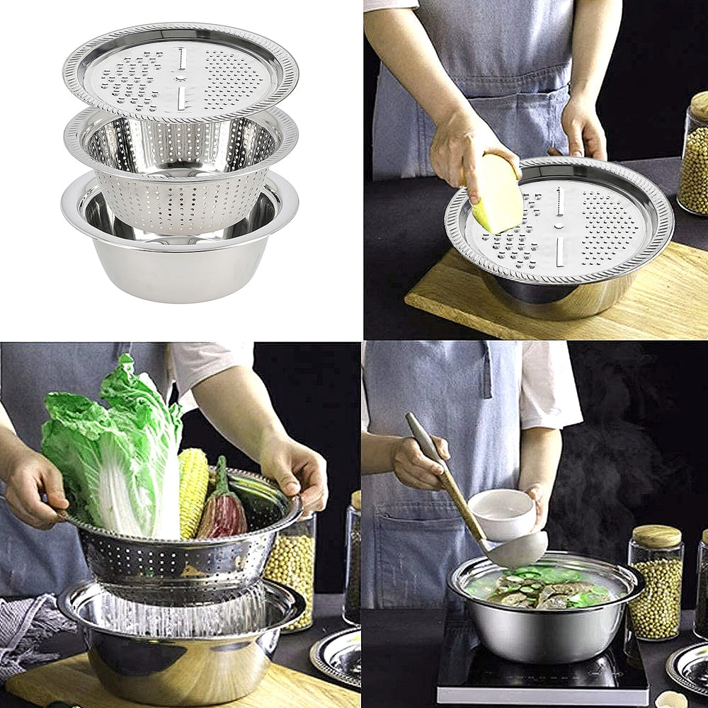 Set of 3 Stainless Steel Multifunctional Grating Basin (26 cm) - Silver