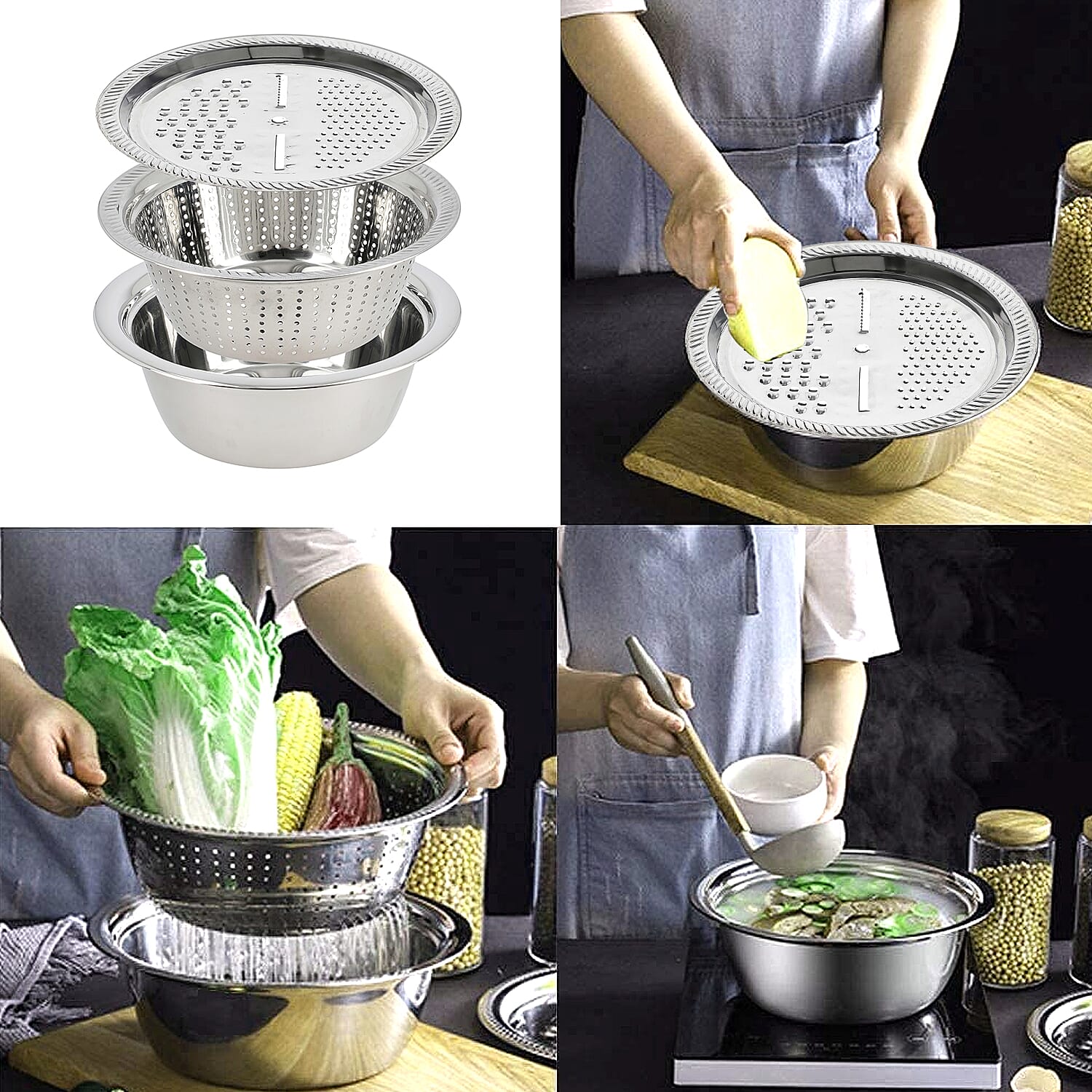 Set of 3 Stainless Steel Multifunctional Grating Basin (26 cm) - Silver