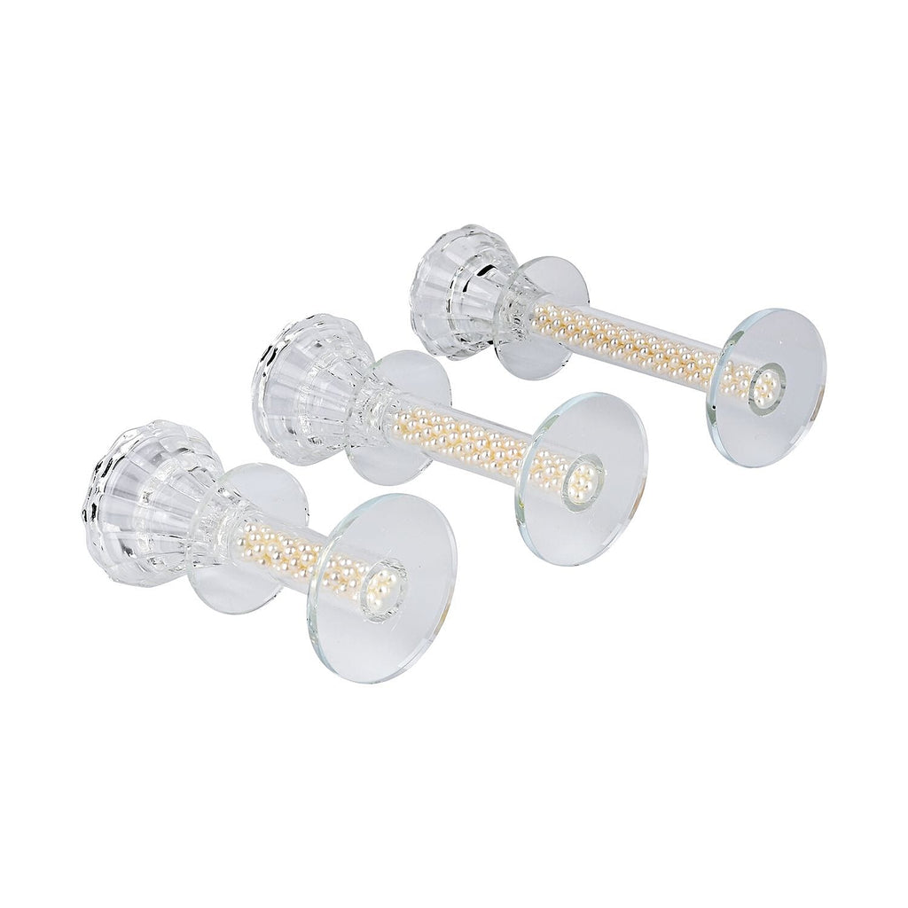 Set of 3 Glass Candle Holders - White Crystal