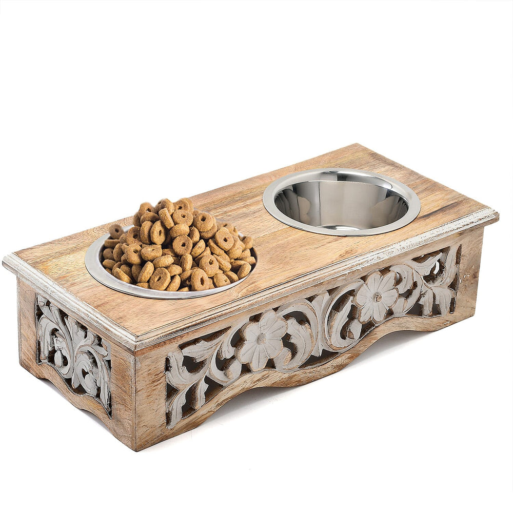 NAKKASHI Flower & Leaf Engraved Carved Mango Wood Pet Feeder with Beautiful Carvings & Stainless Steel Bowls (Size 47x20x12cm) - Brown & White