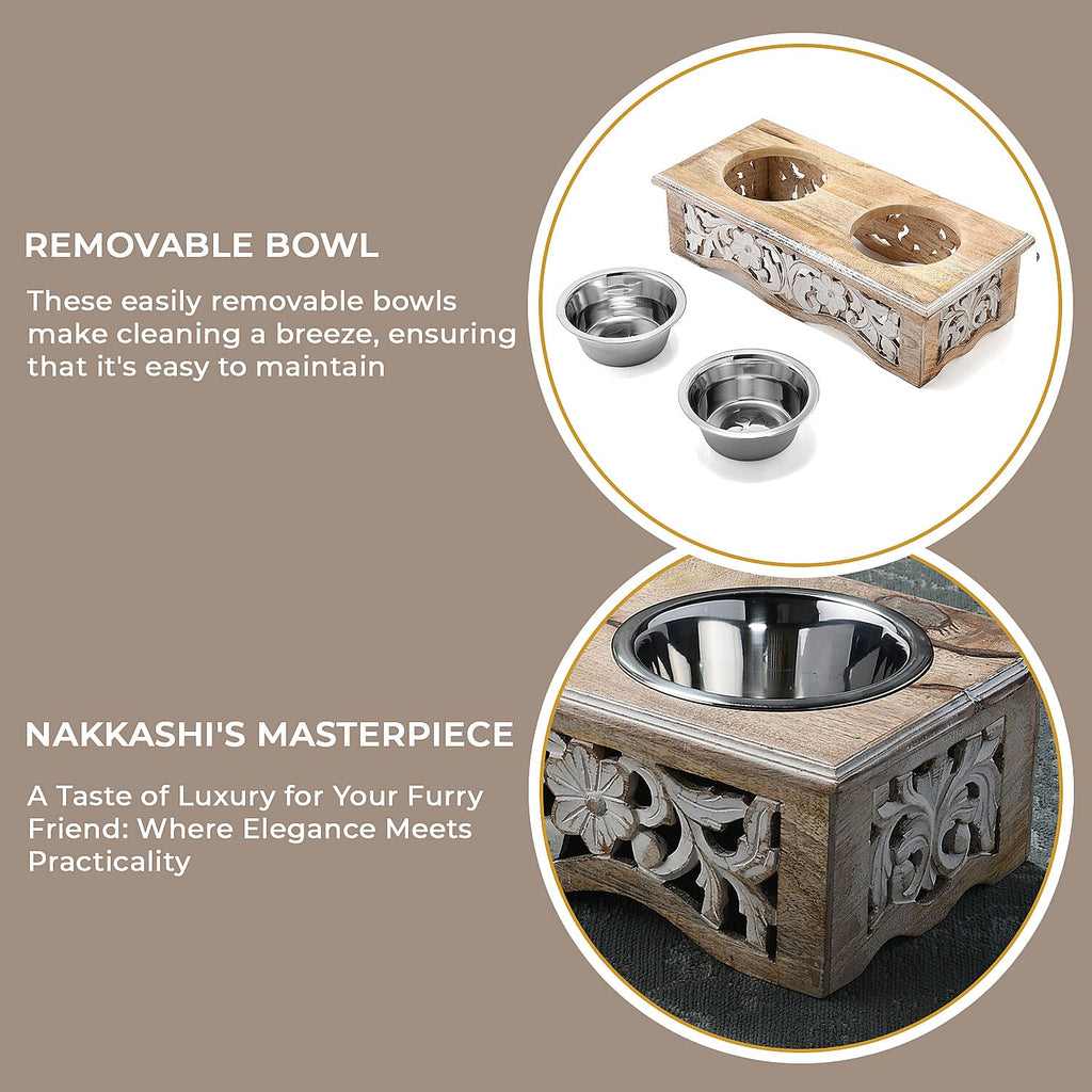 NAKKASHI Flower & Leaf Engraved Carved Mango Wood Pet Feeder with Beautiful Carvings & Stainless Steel Bowls (Size 47x20x12cm) - Brown & White