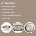 NAKKASHI Flower & Leaf Engraved Carved Mango Wood Pet Feeder with Beautiful Carvings & Stainless Steel Bowls (Size 47x20x12cm) - Brown & White