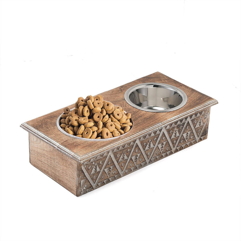 NAKKASHI Geometric Pattern Engraved Hand Carved Mango Wood Pet Feeder with Beautiful Carvings & Stainless Steel Bowls (Size 47x20x12cm) - Brown & White