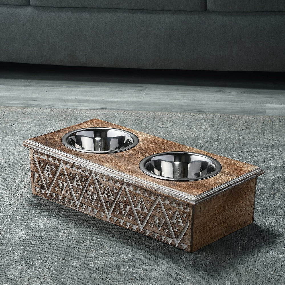 NAKKASHI Geometric Pattern Engraved Hand Carved Mango Wood Pet Feeder with Beautiful Carvings & Stainless Steel Bowls (Size 47x20x12cm) - Brown & White