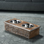 NAKKASHI Geometric Pattern Engraved Hand Carved Mango Wood Pet Feeder with Beautiful Carvings & Stainless Steel Bowls (Size 47x20x12cm) - Brown & White