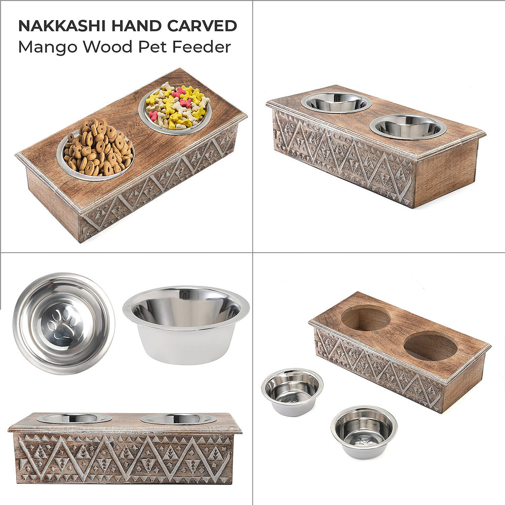 NAKKASHI Geometric Pattern Engraved Hand Carved Mango Wood Pet Feeder with Beautiful Carvings & Stainless Steel Bowls (Size 47x20x12cm) - Brown & White