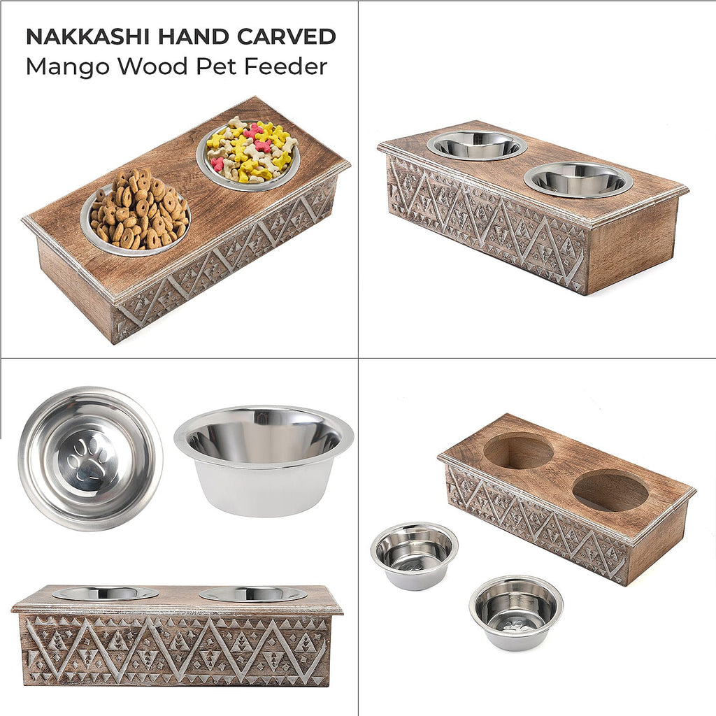 NAKKASHI Geometric Pattern Engraved Hand Carved Mango Wood Pet Feeder with Beautiful Carvings & Stainless Steel Bowls (Size 47x20x12cm) - Brown & White