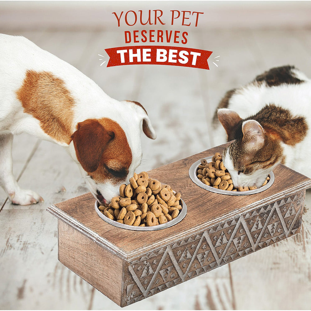 NAKKASHI Geometric Pattern Engraved Hand Carved Mango Wood Pet Feeder with Beautiful Carvings & Stainless Steel Bowls (Size 47x20x12cm) - Brown & White