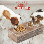 NAKKASHI Geometric Pattern Engraved Hand Carved Mango Wood Pet Feeder with Beautiful Carvings & Stainless Steel Bowls (Size 47x20x12cm) - Brown & White