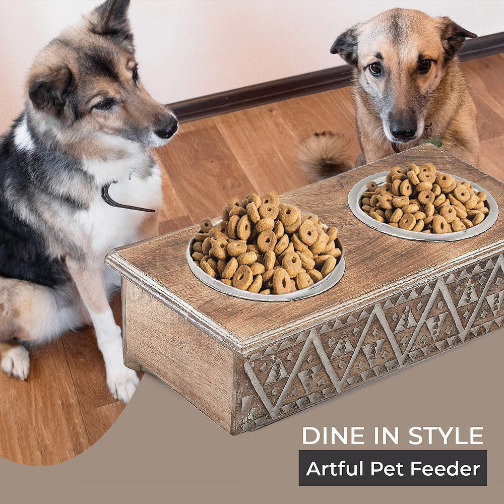 NAKKASHI Geometric Pattern Engraved Hand Carved Mango Wood Pet Feeder with Beautiful Carvings & Stainless Steel Bowls (Size 47x20x12cm) - Brown & White