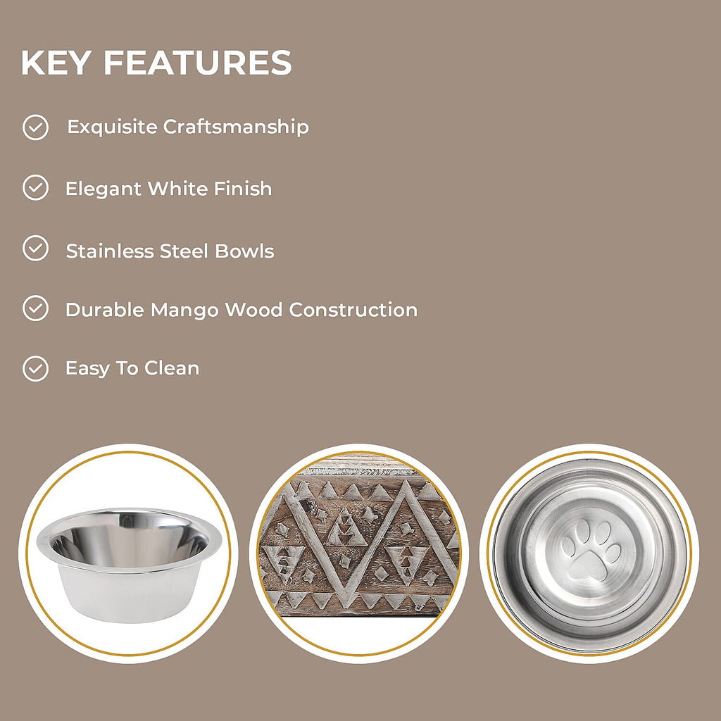 NAKKASHI Geometric Pattern Engraved Hand Carved Mango Wood Pet Feeder with Beautiful Carvings & Stainless Steel Bowls (Size 47x20x12cm) - Brown & White